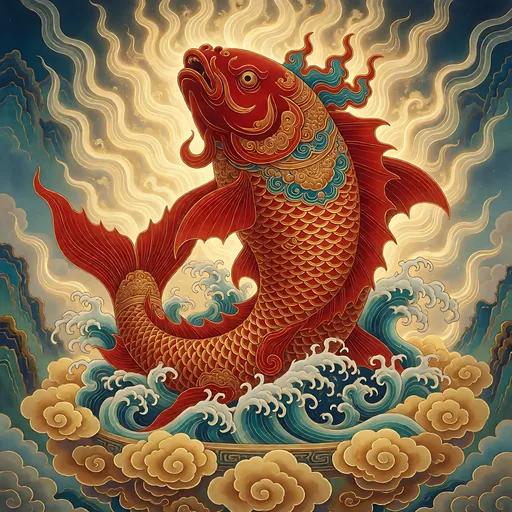 The Chiru Fish, vermilion river guardian, as an armored deity portrait