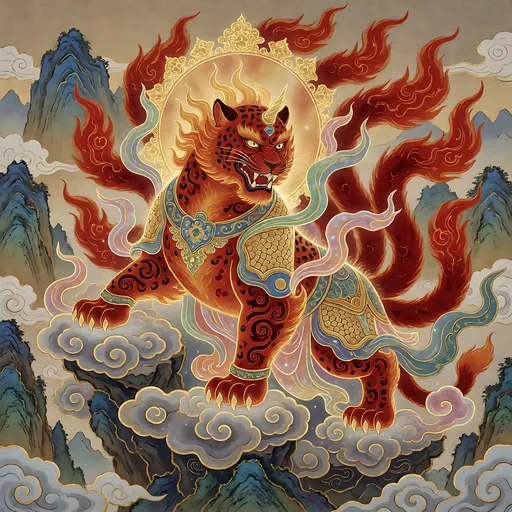 The Zheng, crimson five-tailed guardian of Mount Zhang'e, as an armored deity portrait